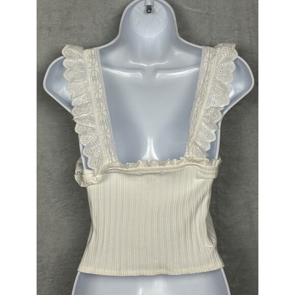 4 For $20 Coco + Jaimeson Size Medium Ruffle Eyelet Strap Rib Knit Top In Ivory - Picture 3 of 9